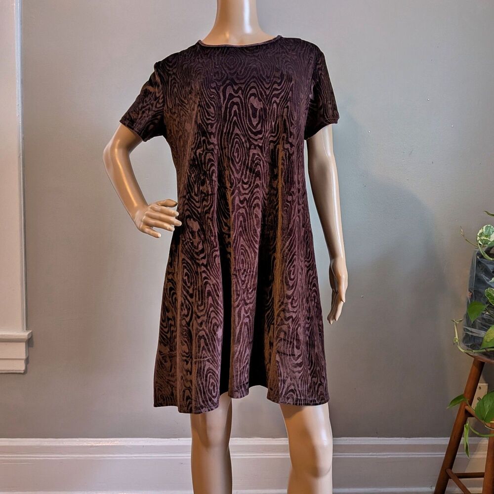 Vintage 90s KC Spencer Brown Velvet Mini Dress Babydoll Woodgrain Mod Size 8